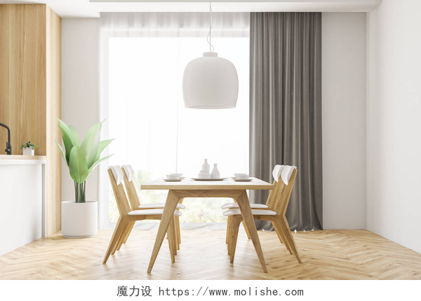 现代装修风格的厨房3D渲染白色和木制厨房内部与白色橱柜, 木地板, 一张木桌与椅子和阁楼窗口。侧面视图。3d 渲染模拟